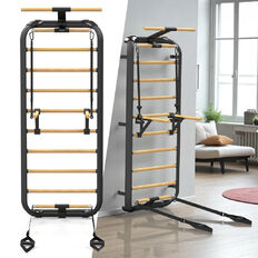 Wielofunkcyjna drabinka gimnastyczna inSPORTline Wootkit 220×86 cm ∙ 8 szczebli ∙ nośność 150 kg ∙ stal/drewno bukowe ∙ drążek ∙ akcesoria