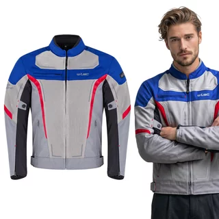 Letnia męska kurtka motocyklowa W-TEC Mirelio ∙ wentylacja AirVent ∙ ochraniacze CE ∙ membrana wodoodporna - szaro-niebiesko-czerwony