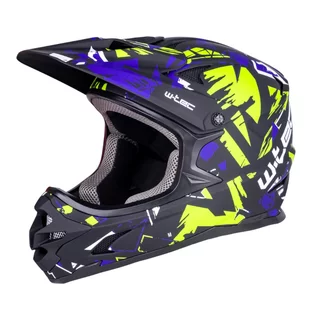 Kask downhillowy W-TEC Richpike ∙ full face ∙ 14 otworów wentylacyjnych ∙ regulowany daszek ∙ skorupa ABS ∙ lekki ∙ podwójne zapięcie - Green & Blue Madness