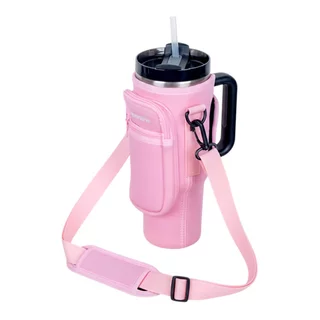 Przenośna torba etui na kubek termiczny 1200 ml neopren ∙ 2 kieszenie na zamek ∙ regulowany pasek na ramię - Różowy