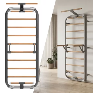 Wielofunkcyjna drabinka gimnastyczna inSPORTline Wootkit 220×86 cm ∙ 8 szczebli ∙ nośność 150 kg ∙ stal/drewno bukowe ∙ drążek ∙ akcesoria - Szary
