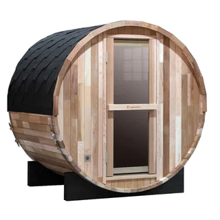Beczkowa sauna ogrodowa inSPORTline Viduor 300 ∙ zewnętrzna z werandą ∙ dla 3 osób ∙ cedrowe drewno ∙ zestaw akcesoriów ∙ moc 6 kW
