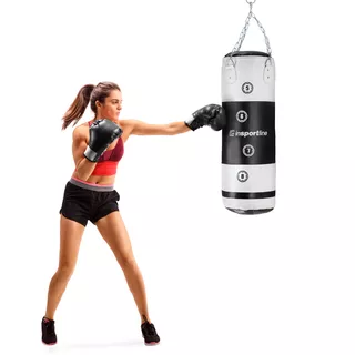 Worek bokserski inSPORTline Robkin 35x90cm ∙ waga 25kg ∙ skóra syntetyczna ∙ z łańcuchami - Czarno-biały