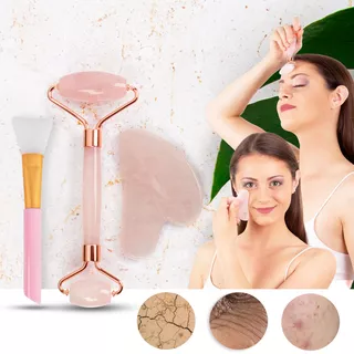 Zestaw do masażu inSPORTline Rosado Pro ∙ wałek + kamień Gua Sha + szpatułka ∙ kwarc różowy ∙ pielęgnacja skóry