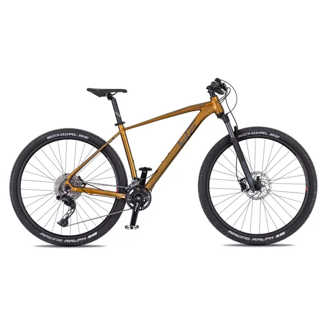 Rower górski 4EVER Firetrack 29'' ∙ waga 12,9 kg ∙ 22 biegi Shimano CUES ∙ hamulce hydrauliczne ∙ widelec RockShox z blokadą - perłowo-czarny / hologram - ciemne złoto / żelazo