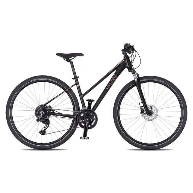 Damski rower crossowy 4EVER Pulse Disc 28'' - model 2026 ∙ hamulce tarczowe hydrauliczne ∙ amortyzator SR Suntour ∙ 10 przełożeń - matowa czerń/różowe złoto