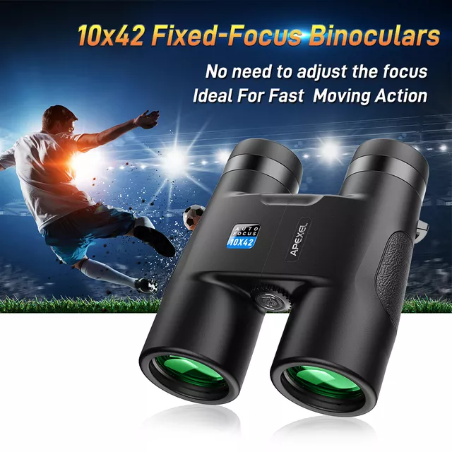 Lornetka Apexel 10x42 AutoFocus ∙ autofokus ∙ powłoki antyrefleksyjne ∙ pryzmat BAK4 ∙ pole widzenia 101 m/1000 m ∙ waga 595 g ∙ aluminiowa obudowa z gumą