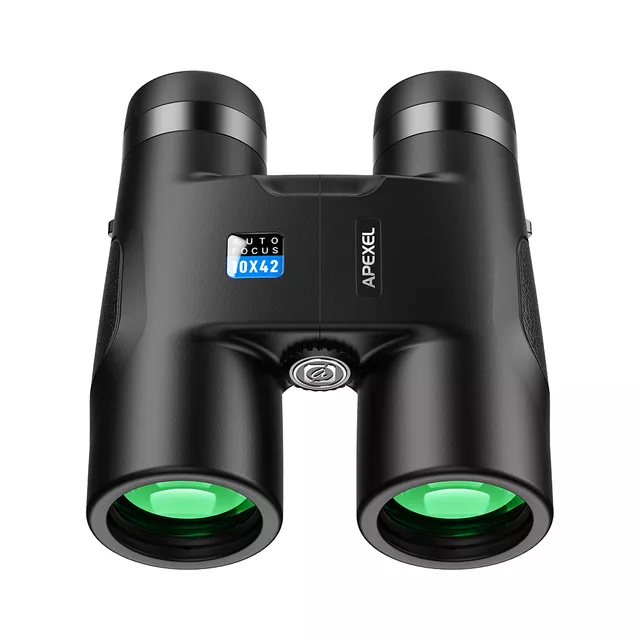 Lornetka Apexel 10x42 AutoFocus ∙ autofokus ∙ powłoki antyrefleksyjne ∙ pryzmat BAK4 ∙ pole widzenia 101 m/1000 m ∙ waga 595 g ∙ aluminiowa obudowa z gumą