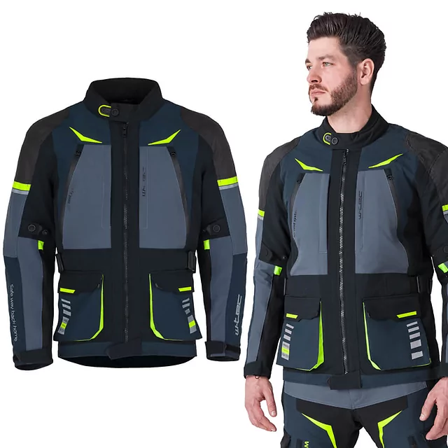 Kurtka motocyklowa W-TEC Modock ∙ trójwarstwowa ∙ wypinana podpinka ∙ membrana wodoodporna ∙ ochraniacze CE ∙ wentylacja AirVent - czarno-niebiesko-fluo-żółty