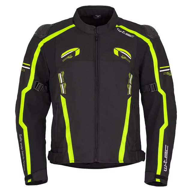 Męska kurtka motocyklowa W-TEC Tonkawo ∙ wypinana podpinka ∙ ochraniacze CE ∙ slidery karbonowe ∙ garb aerodynamiczny ∙ wodoodporna - Czarny-fluo