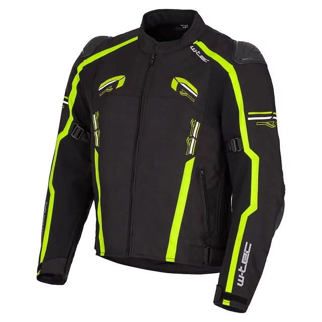 Męska kurtka motocyklowa W-TEC Tonkawo ∙ wypinana podpinka ∙ ochraniacze CE ∙ slidery karbonowe ∙ garb aerodynamiczny ∙ wodoodporna - Czarny-fluo
