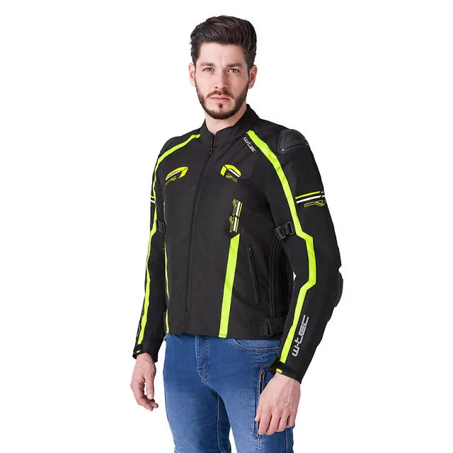 Męska kurtka motocyklowa W-TEC Tonkawo ∙ wypinana podpinka ∙ ochraniacze CE ∙ slidery karbonowe ∙ garb aerodynamiczny ∙ wodoodporna - Czarny-fluo