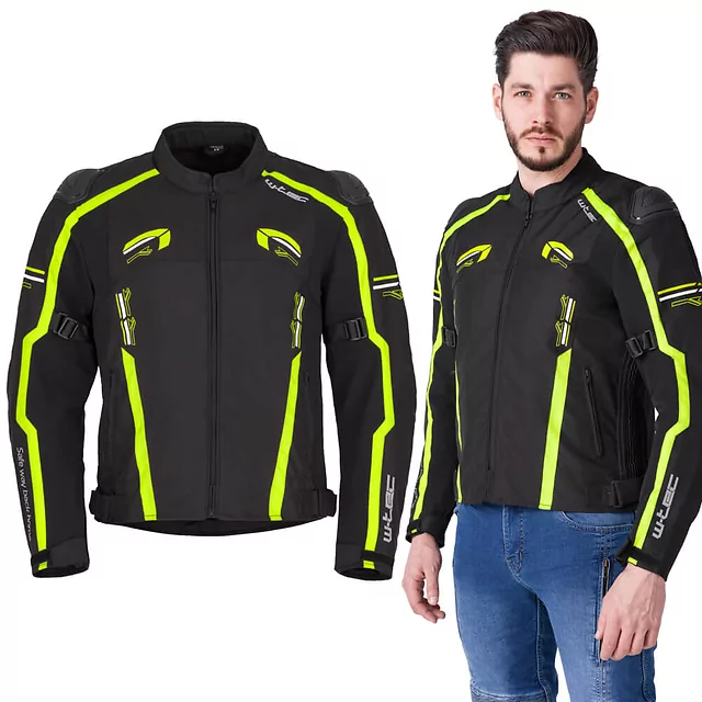 Męska kurtka motocyklowa W-TEC Tonkawo ∙ wypinana podpinka ∙ ochraniacze CE ∙ slidery karbonowe ∙ garb aerodynamiczny ∙ wodoodporna - Czarny-fluo - Czarny-fluo
