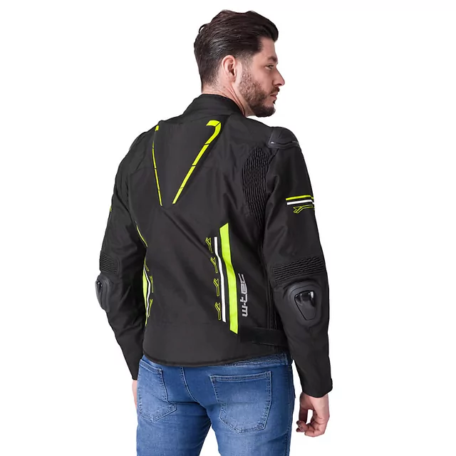 Męska kurtka motocyklowa W-TEC Tonkawo ∙ wypinana podpinka ∙ ochraniacze CE ∙ slidery karbonowe ∙ garb aerodynamiczny ∙ wodoodporna - Czarny-fluo
