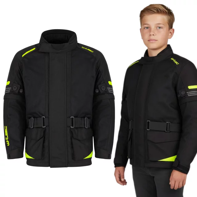 Dziecięca kurtka motocyklowa W-TEC Pinapoco ∙ wyjmowane ochraniacze ∙ regulacja rozmiaru ∙ wiatro-wodoodporna ∙ wentylacja - Czarny-fluo - Czarny-fluo