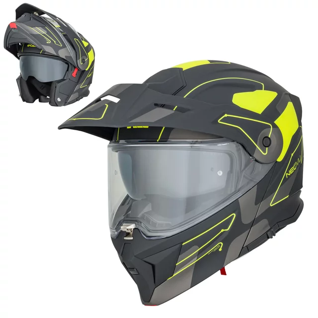 Kask motocyklowy szczękowy 3w1 W-TEC Neovu Graphic ∙ blenda przeciwsłoneczna ∙ demontowalny daszek - Czarno-czerwony - Czarny-fluo