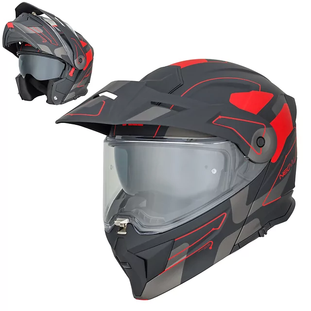 Kask motocyklowy szczękowy 3w1 W-TEC Neovu Graphic ∙ blenda przeciwsłoneczna ∙ demontowalny daszek - Czarno-czerwony - Czarno-czerwony