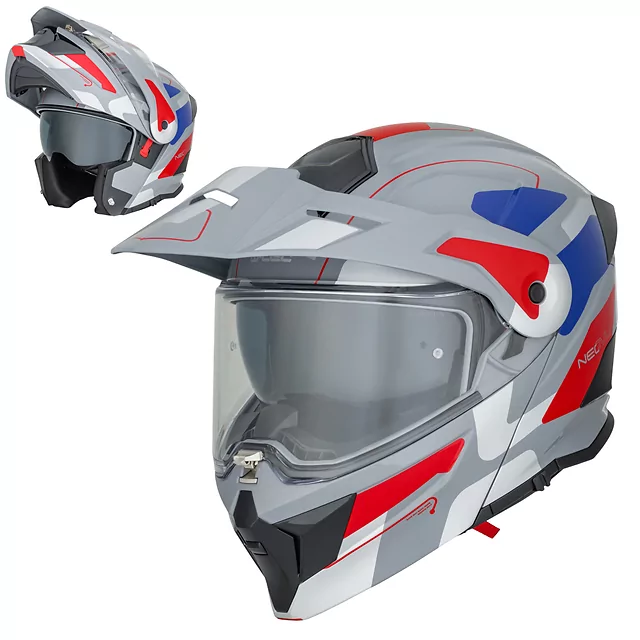 Kask motocyklowy szczękowy 3w1 W-TEC Neovu Graphic ∙ blenda przeciwsłoneczna ∙ demontowalny daszek - Czarno-czerwony - szaro-czerwono-niebieski