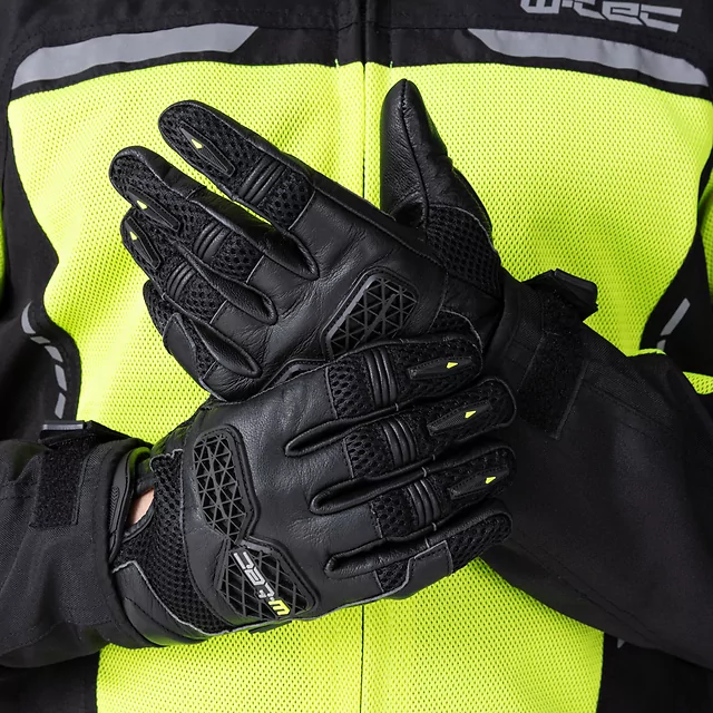 Rękawice motocyklowe W-TEC Kosor ∙ skórzane z protektorami tpu ∙ przewiewna mesh ∙ wzmocniona dłoń ∙ zapięcie na rzep - Czarny