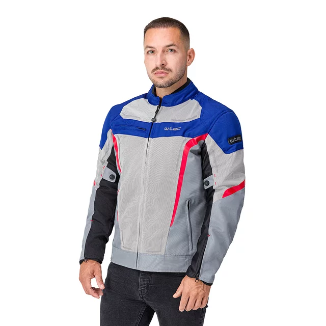 Letnia męska kurtka motocyklowa W-TEC Mirelio ∙ wentylacja AirVent ∙ ochraniacze CE ∙ membrana wodoodporna - szaro-niebiesko-czerwony