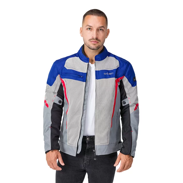 Letnia męska kurtka motocyklowa W-TEC Mirelio ∙ wentylacja AirVent ∙ ochraniacze CE ∙ membrana wodoodporna - szaro-niebiesko-czerwony