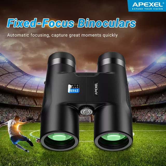 Lornetka Apexel 10x42 AutoFocus ∙ autofokus ∙ powłoki antyrefleksyjne ∙ pryzmat BAK4 ∙ pole widzenia 101 m/1000 m ∙ waga 595 g ∙ aluminiowa obudowa z gumą