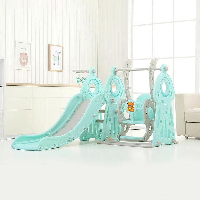Zjeżdżalnia multifunkcyjna inSPORTline Swingslide 4w1 ∙ z huśtawką i koszem ∙ miś z muzyką ∙ regulowana wysokość ∙ max 40 kg ∙ HDPE ∙ bezpieczna - Zielony