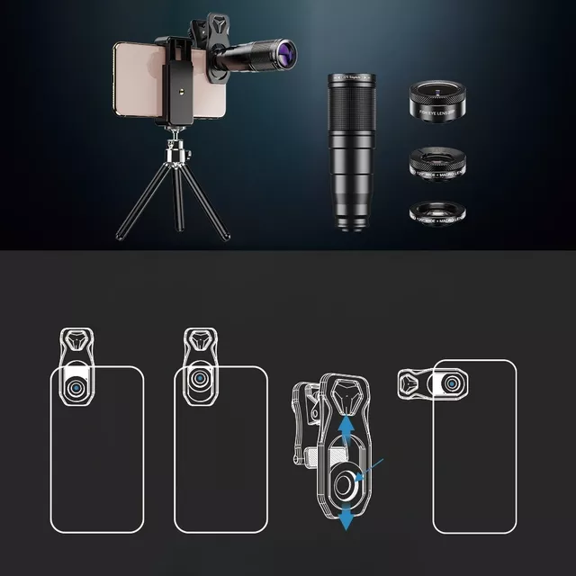 Teleobiektyw Apexel 4w1 z tripodem do smartfona ∙ zoom 22x optyczny ∙ makro 25x 1-3 cm ∙ rybie oko 205° ∙ szybki montaż klipsem