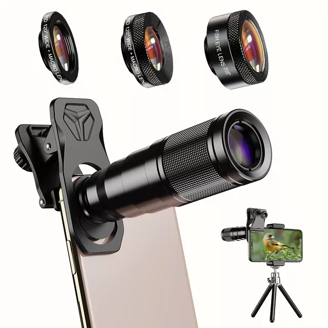 Teleobiektyw Apexel 4w1 z tripodem do smartfona ∙ zoom 22x optyczny ∙ makro 25x 1-3 cm ∙ rybie oko 205° ∙ szybki montaż klipsem