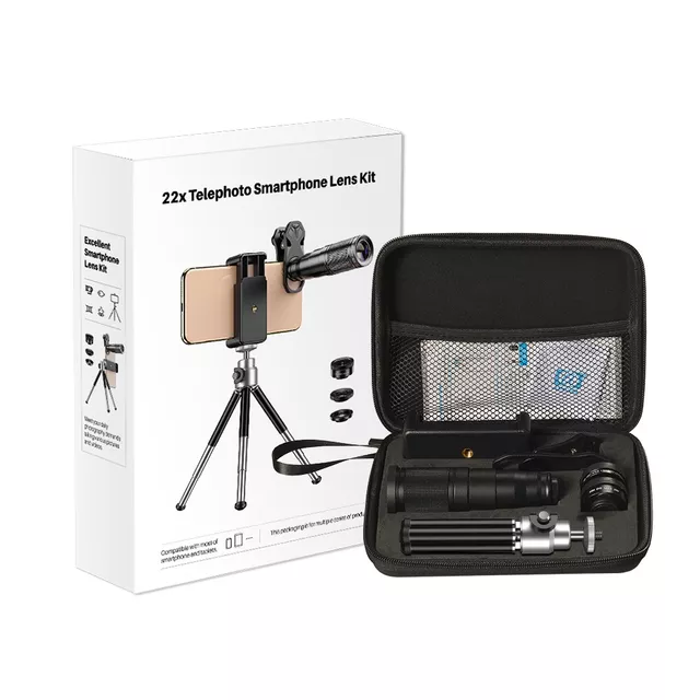 Teleobiektyw Apexel 4w1 z tripodem do smartfona ∙ zoom 22x optyczny ∙ makro 25x 1-3 cm ∙ rybie oko 205° ∙ szybki montaż klipsem
