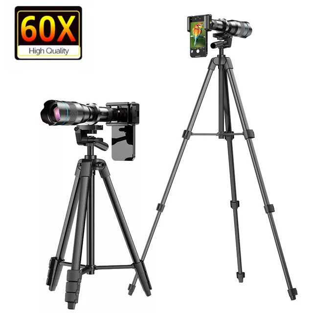 Teleobiektyw Apexel 60X do telefonów ∙ 60-krotny zoom optyczny ∙ wielowarstwowa optyka FMC ∙ przysłona 50 mm ∙ składany statyw ∙ metalowa konstrukcja