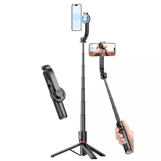 Teleskopowy statyw Apexel MagSafe ∙ selfie stick z pilotem ∙ długość max 104 cm ∙ mocowanie cold shoe ∙ lekki 180 g ∙ aluminiowy