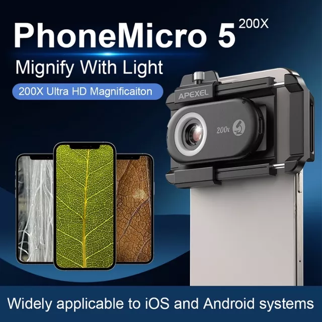 Obiektyw mikroskopowy Apexel 200x ∙ supermakro do telefonów ∙ 12 diod LED ∙ światło UV ∙ kompatybilny z iOS/Android ∙ klips uniwersalny