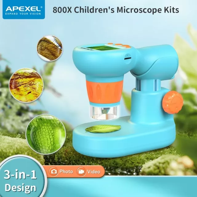 Mikroskop cyfrowy dziecięcy Apexel ∙ zoom 0-800x ∙ wyświetlacz 2" HD ∙ nagrywanie wideo 1080p ∙ 8 diod LED z regulacją