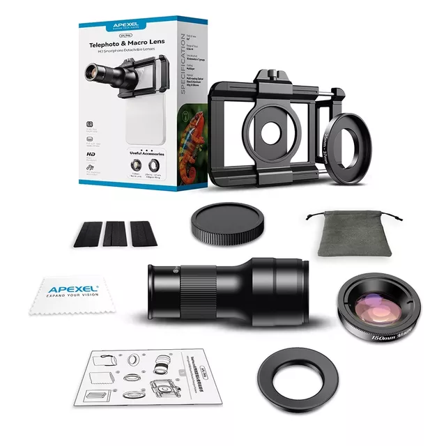 Zestaw teleobiektyw i makro Apexel TM6 ∙ zoom optyczny 6x ∙ ogniskowa makro 150 mm ∙ kompatybilny z iOS/Android ∙ antyrefleksyjne powłoki ∙ waga 203 g