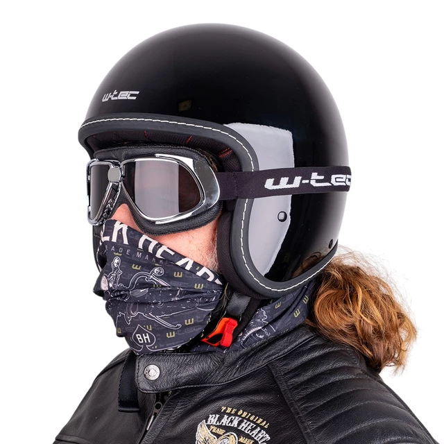 Kask motocyklowy na chopper W-TEC Badachos i gogle Atavist - Czarny błyszczący - Czarny błyszczący