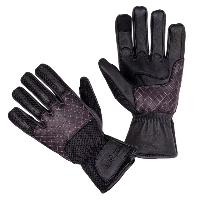 Damskie rękawice motocyklowe W-TEC Ladonna ∙ naturalna skóra ∙ mesh oddychający ∙ pikowane ∙ palec do ekranów - Czarno-różowy