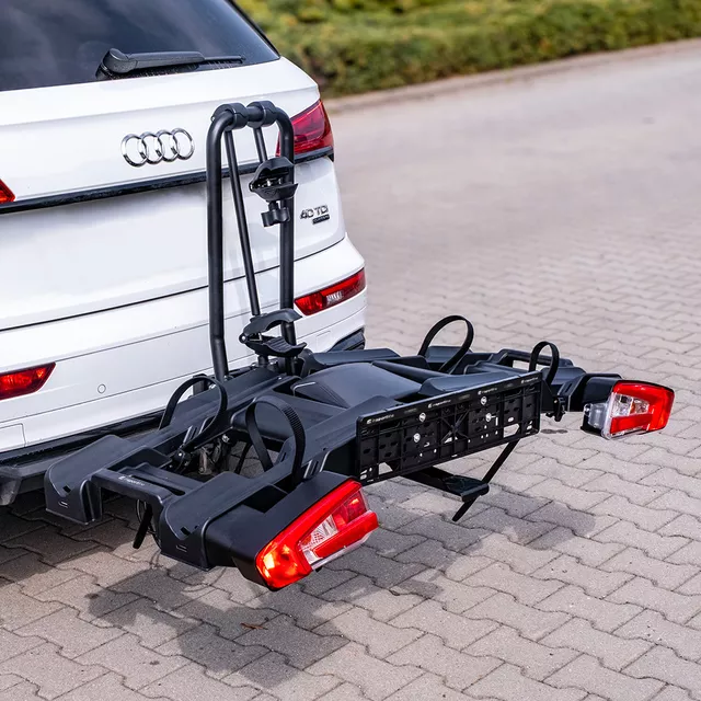 Bagażnik rowerowy na hak inSPORTline Trekan 2 Elektro ∙ na 2 rowery ∙ do e-bike ∙ nośność 60 kg ∙ odchylany ∙ platforma