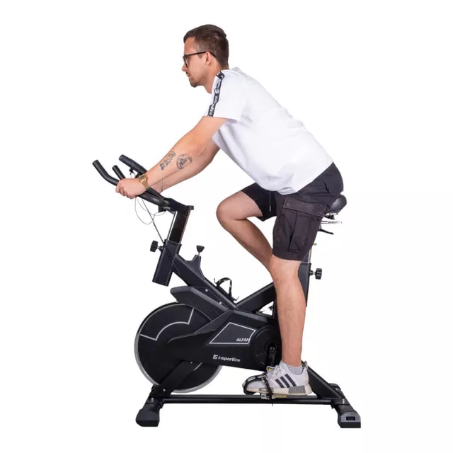 Rower treningowy spinningowy inSPORTline Alfan ∙ czarny ∙ opór manualny ∙ czujniki tętna ∙ uchwyt na tablet ∙ wyświetlacz LCD