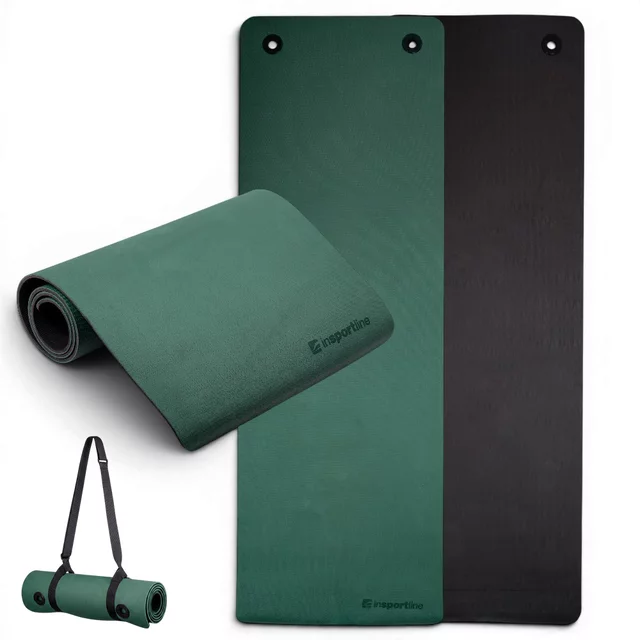 Mata do ćwiczeń inSPORTline Kikami 180x61x0,8 cm ∙ z otworami do zawieszenia ∙ antypoślizgowa ∙ z paskiem transportowym ∙ odporna na pot i wodę - bambus beżowo-brązowy - ciemnozielono-czarny
