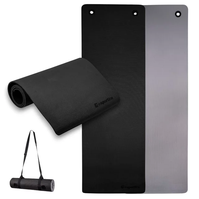 Mata do ćwiczeń inSPORTline Kikami 180x61x0,8 cm ∙ z otworami do zawieszenia ∙ antypoślizgowa ∙ z paskiem transportowym ∙ odporna na pot i wodę - bambus beżowo-brązowy - Czarno-szary