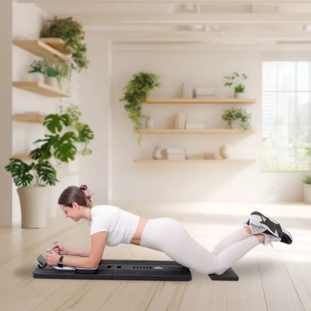 Reformer do pilatesu inSPORTline Trancer Basic ∙ antypoślizgowa deska ∙ składana konstrukcja ∙ stacja na telefon - Fioletowy