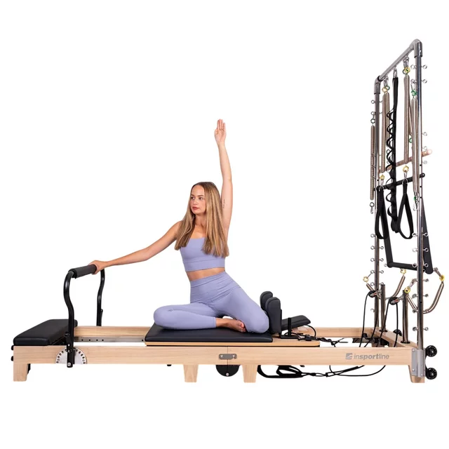 Reformer do pilatesu inSPORTline Driftaler ∙ nośność 120 kg ∙ rama dębowa ∙ składana ∙ z boxem w zestawie