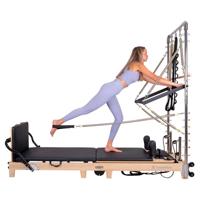 Wieża do reformera Pilates inSPORTline Driftaler ∙ nośność 100 kg ∙ drewniany drążek roll-down ∙ 8 sprężyn ∙ uchwyt V ∙ 53 oczka