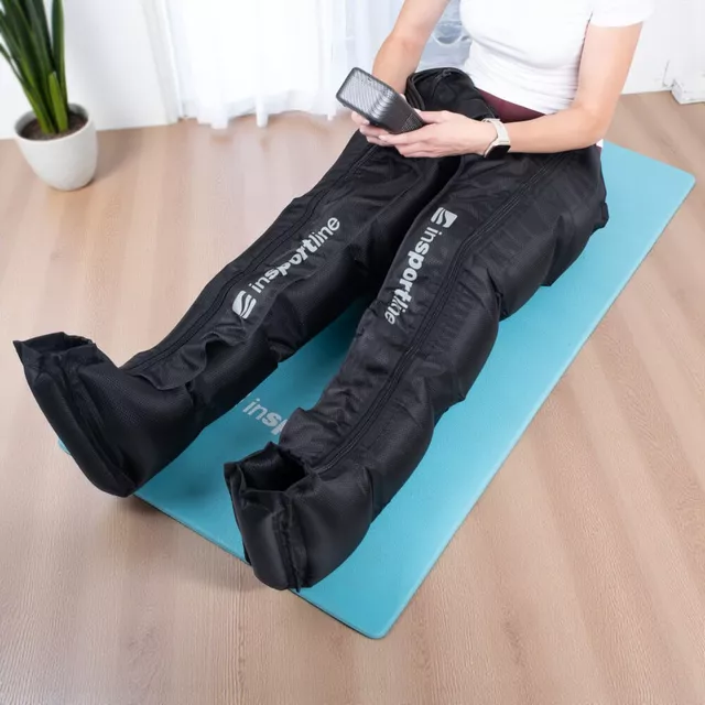 Kompresyjny masażer nóg inSPORTline Compflex ∙ 6 poziomów ciśnienia 50-160 mmHg ∙ 4 programy ∙ 5 komór powietrznych ∙ bateria 2500 mAh 90 min pracy