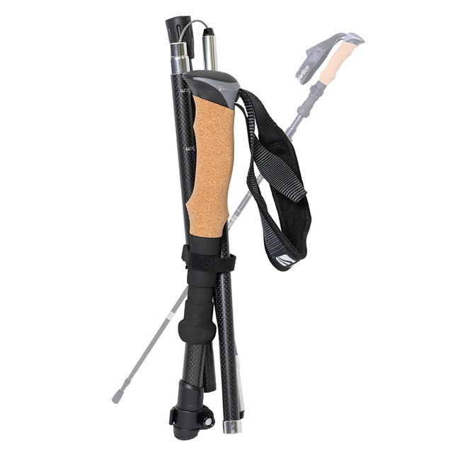 Kijki trekkingowe karbonowe inSPORTline Caretera ∙ 5-sekcyjne ∙ ultralekkie 255 g ∙ wys. 115-135 cm ∙ uchwyt korkowy ∙ wymienne końcówki ∙ pokrowiec