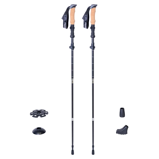 Kijki trekkingowe karbonowe inSPORTline Caretera ∙ 5-sekcyjne ∙ ultralekkie 255 g ∙ wys. 115-135 cm ∙ uchwyt korkowy ∙ wymienne końcówki ∙ pokrowiec