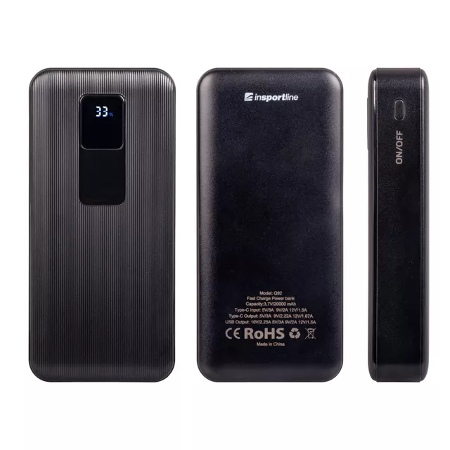 Powerbank inSPORTline PowerTwenty 20000 mAh ∙ szybkie ładowanie PD/QC 22,5 W ∙ 3 porty USB ∙ wyświetlacz LED