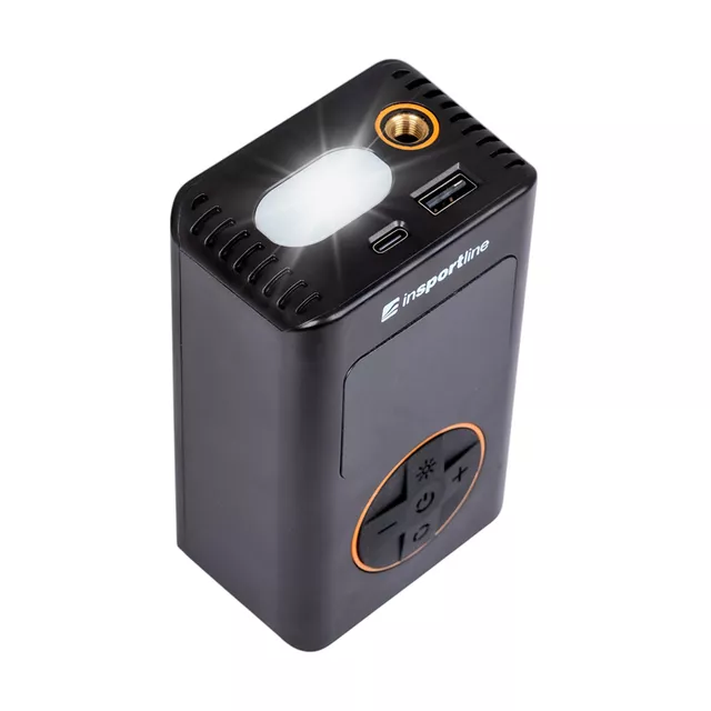 Pompka akumulatorowa z powerbankiem 2w1 inSPORTline Gaberila ∙ max 150 PSI ∙ 4000 mAh ∙ USB-C ∙ LED 2 tryby ∙ do aut/rowerów/piłeczek ∙ adaptery