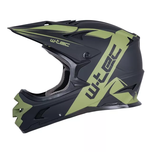 Kask downhillowy W-TEC Richpike ∙ full face ∙ 14 otworów wentylacyjnych ∙ regulowany daszek ∙ skorupa ABS ∙ lekki ∙ podwójne zapięcie - Moss Forest